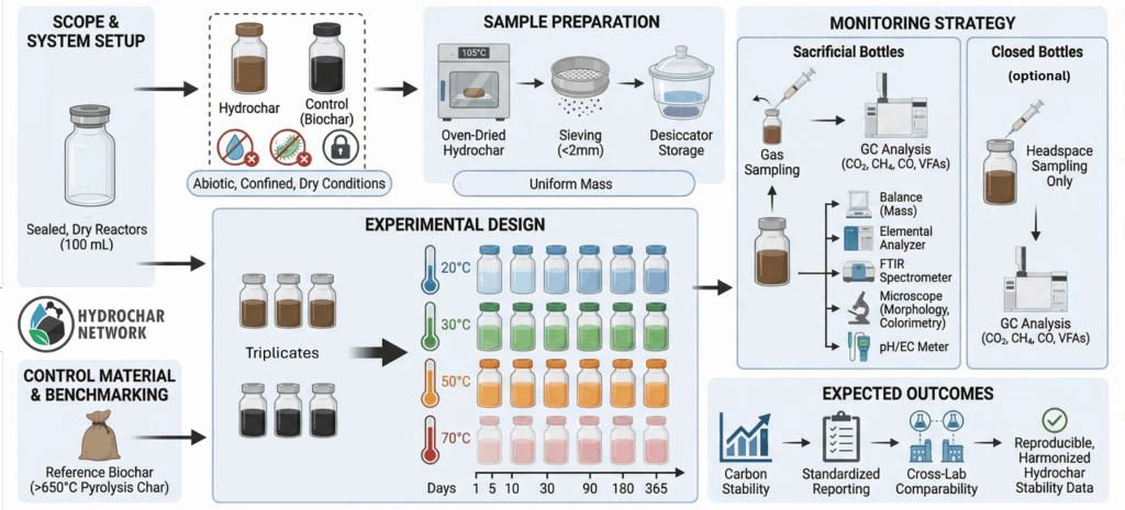 Infographic illustrating a standardized protocol for assessing carbon stability in hydrochar under abiotic storage. The diagram shows sealed dry reactors, hydrochar and biochar controls, sample preparation steps (oven drying, sieving, desiccator storage), experimental incubation at different temperatures (20–70°C) over time, and a dual monitoring strategy with sacrificial and closed bottles for gas and material analyses (GC, elemental analysis, FTIR, microscopy, pH/EC). Expected outcomes include carbon stability assessment, standardized reporting, and cross-laboratory comparability.