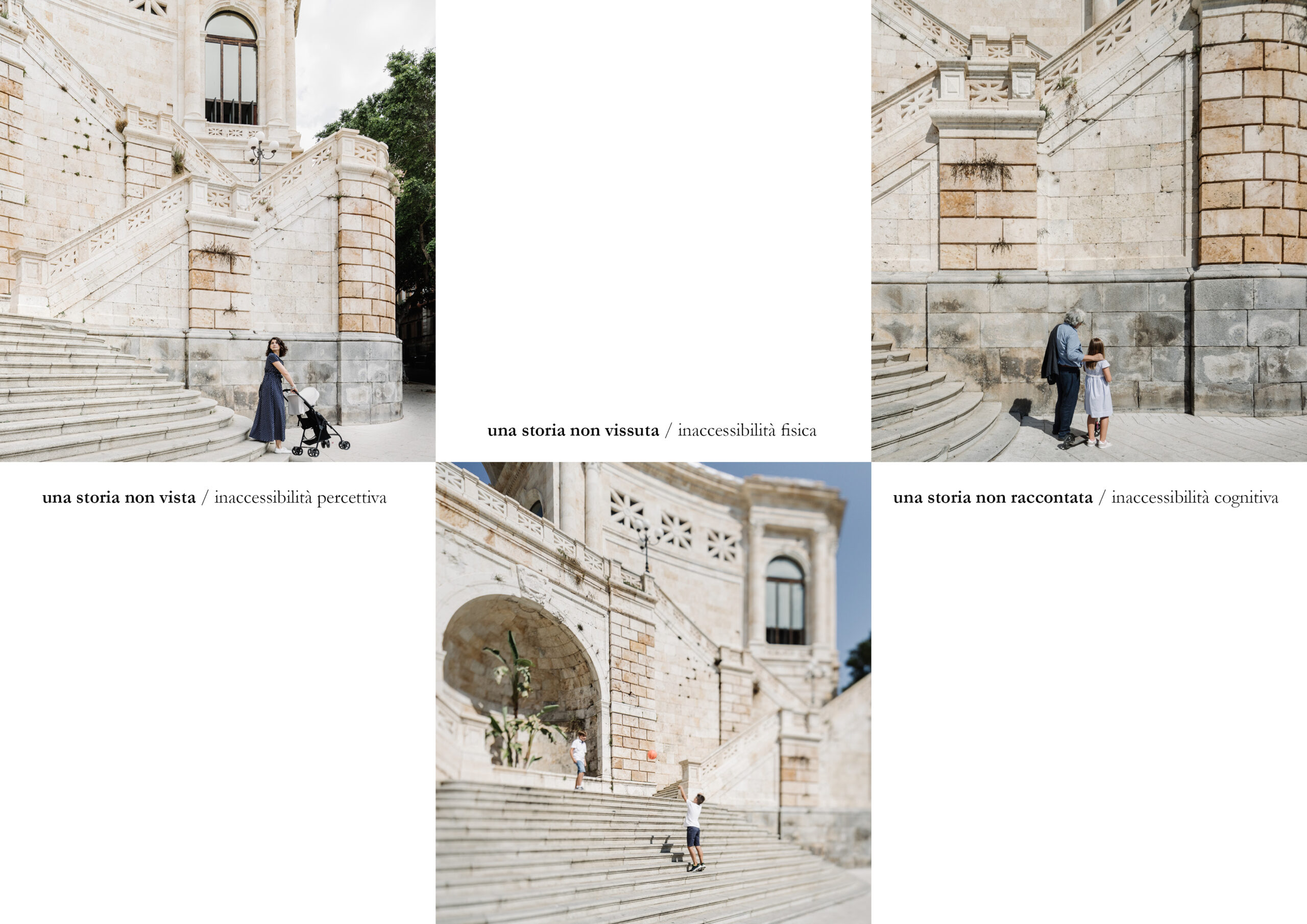 Immagine fissata sul'Home page. Illustra tre inaccessibilità: percettiva, fisica e cognitiva. Fotografie di Cédric Dasesson @cedric_dasesson