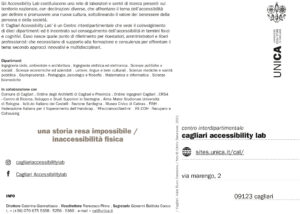 Retro. Cartoline informative del CAL sulle inacessibilità: "una storia resa impossibile / inacessibilità fisica", Viale Buon Cammino a Cagliari. Foto di Cédric Dasesson.
