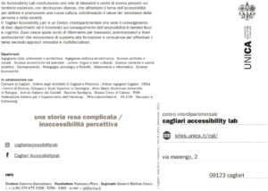 Retro. Cartoline informative del CAL sulle inacessibilità: "una storia resa complicata / inacessibilità percettiva", Viale Buon Cammino a Cagliari. Foto di Cédric Dasesson.