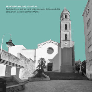 Copertina della tesi di Laurea Triennale di Alessandra Marcialis dal titolo: Mirroring (on the) square (d) Analisi critica e indirizzi per il potenziamento dell’accessibilità attraverso il caso del quartiere Marina. L'immagine mostra una foto in bianco e nero scattata sul fronte della chiesa di Sant'Eulalia. Lo sfondo dell'immagine è color verde acqua.