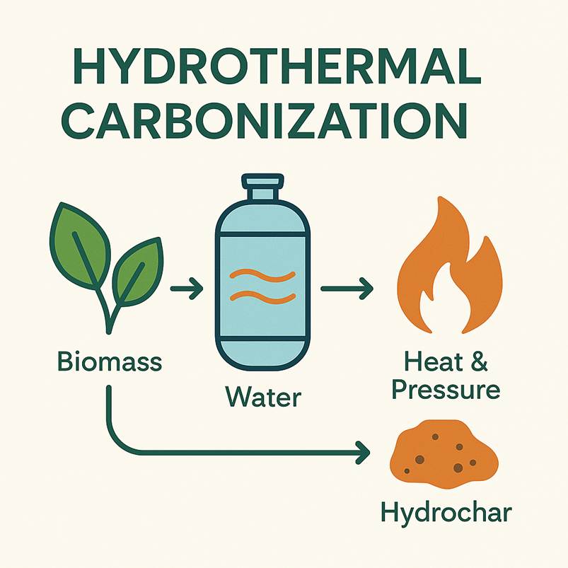 Scheme of the Hydrothermal Carbonization (HTC) process showing biomass and water entering a reactor and being converted into hydrochar through heat and pressure.
